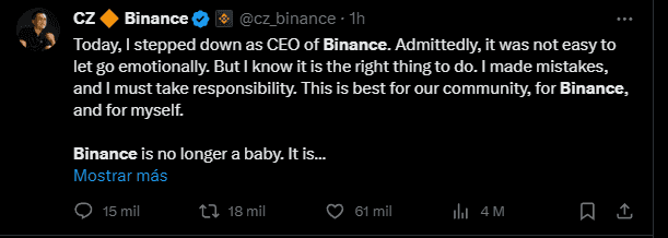 Imagen de un tuit de Binance